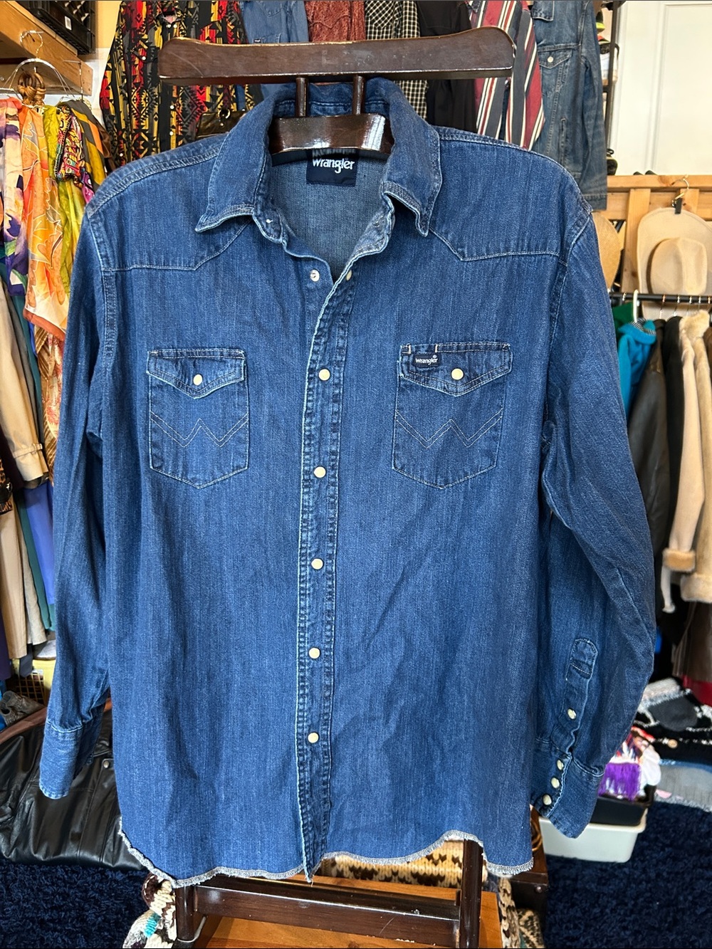 Wrangler Blue Denim Western Pearl Snap Button-Down Shirt- flaw